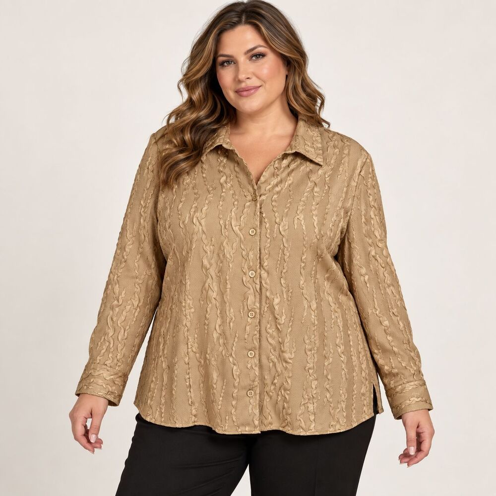 Maggie Barnes Blouse Womens 3X 26/28W Gold Champagne Textured Button Front Artsy